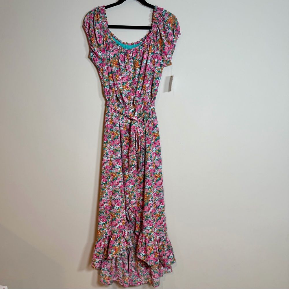 Women’s Floral Tie Waist Midi Silhouette Multicolor Dress bar III Size M Summer